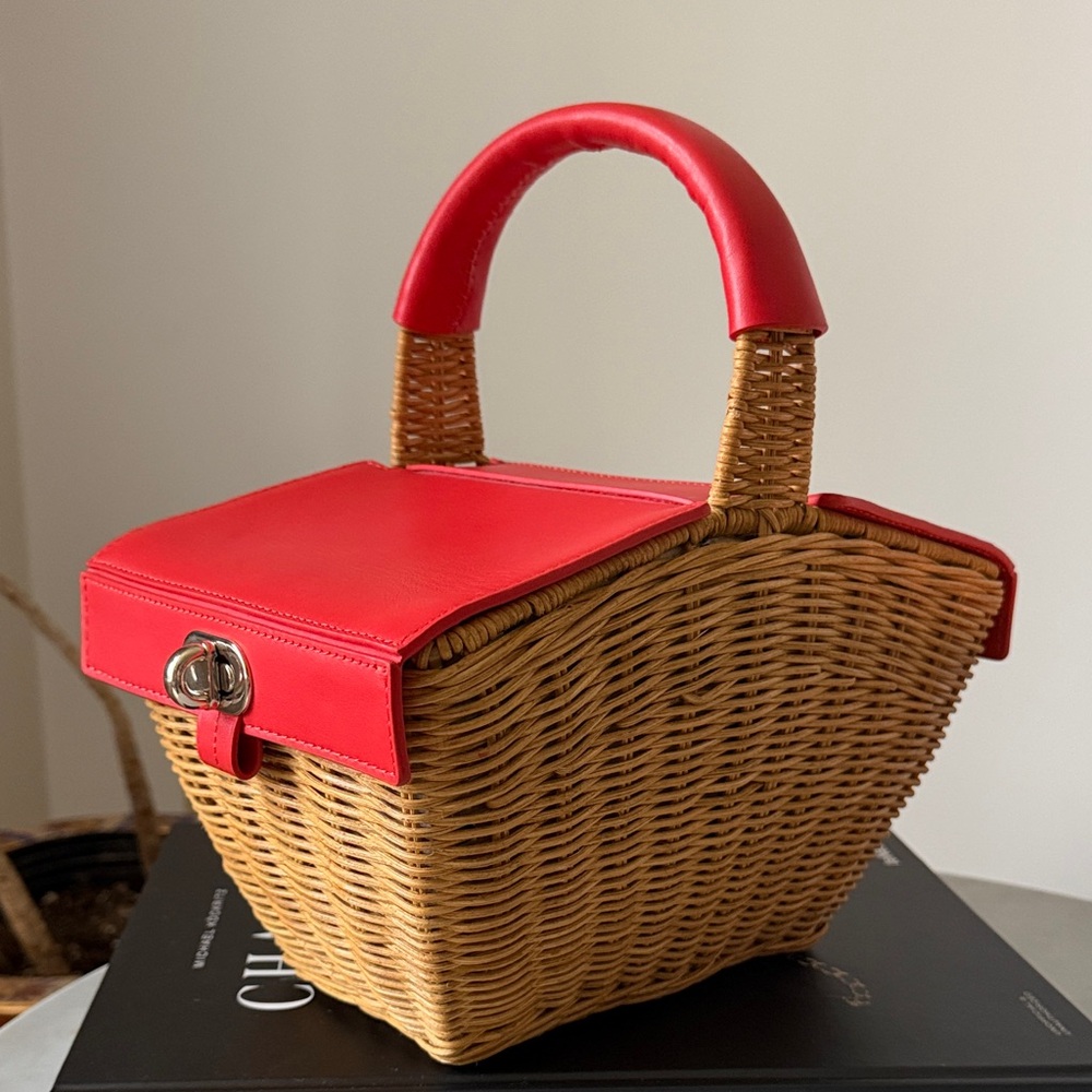 kate spade Red Leather-Trim Wicker Basket Shoulder Bag